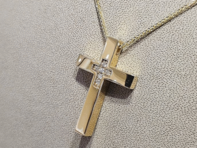 Χρυσός Δίχρωμος Βαπτιστικός Σταυρός με Λευκά Ζιργκόν