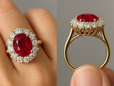 Χρυσό δαχτυλίδι ροζέτα με ρουμπίνι και διαμάντια