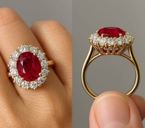 Χρυσό δαχτυλίδι ροζέτα με ρουμπίνι και διαμάντια