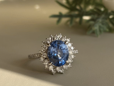 Λευκόχρυσο Δαχτυλίδι με Μπλε Ζιργκόν & Λαμπερά Ζιργκόν Περιμετρικά